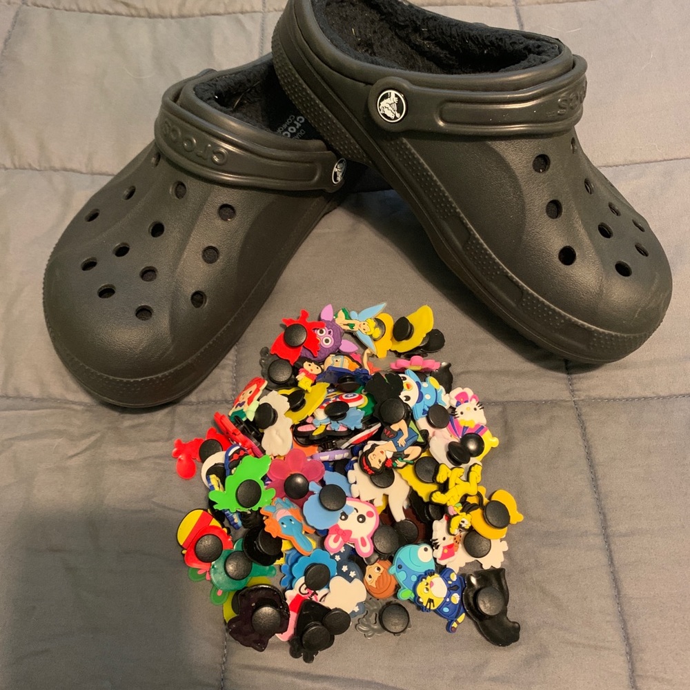 Black Fuzzy Crocs with over 80 croc charms!